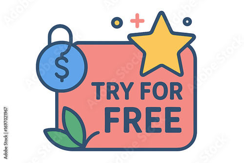 Promotional badge with text "Try for Free" and decorative elements 