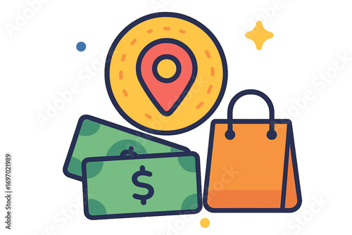 Shopping bag with money and location pin in colorful style Collect point