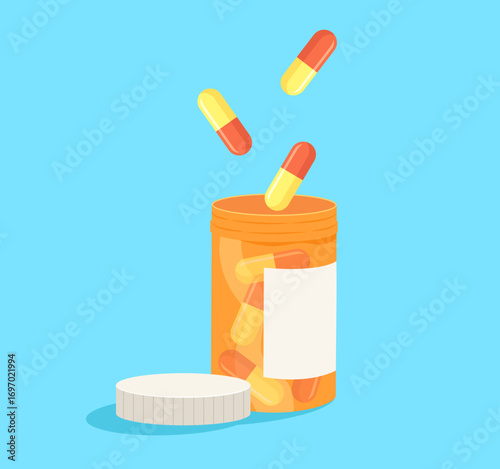 Red and yellow capsule pills fall into medication bottle isolated on blue background. Concept of cure, patient sickness, phamacy, medicine, drugs, health, hospital, illness. Flat vector illustration.