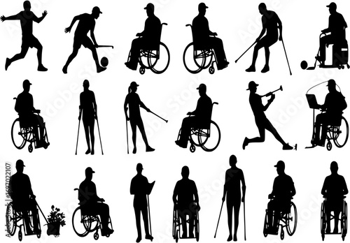 Diverse silhouettes of people with disabilities engaging in various activities
