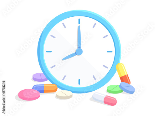 Light blue clock with various types of pills. Time to take medication. Concept of Health treatment, Pharmacy, Medicine, Disease and illness cure, daily dose of medication. Flat vector illustration.