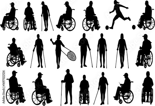 Diverse silhouettes of people with disabilities engaging in various activities
