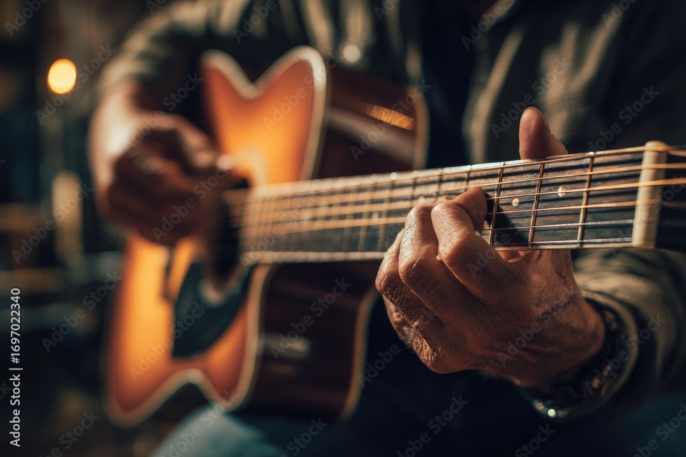 Fototapeta premium Musician plays guitar in a cozy setting during an evening jam session with warm lighting