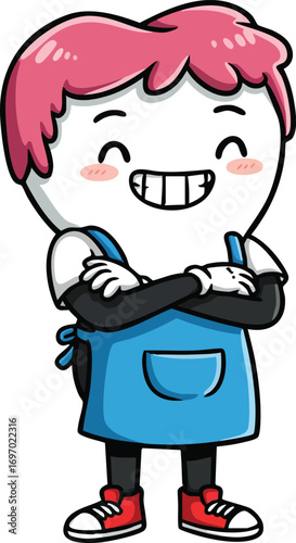 Cartoon character with pink hair wearing blue apron and red sneakers smiling confidently vector illustration 