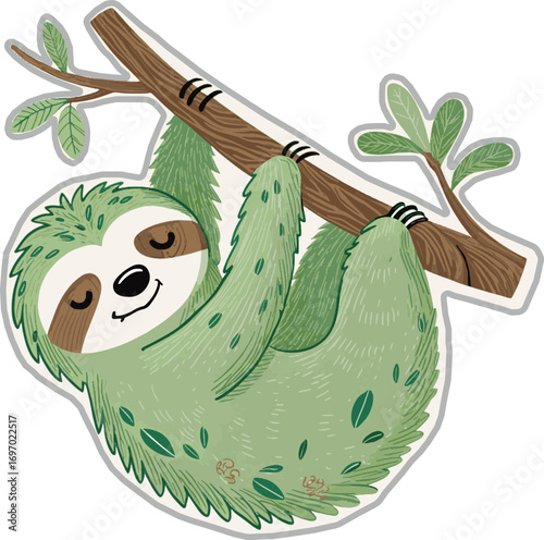 sleepy sloth hanging from a tree branch sticker.