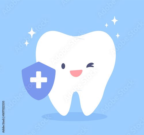 Cute and shiny healthy tooth with sheild isolated on blue background. Strong tooth for children dental health. Vector character of hygiene, protection, dentistry, dental care, clean, brushing tooth.