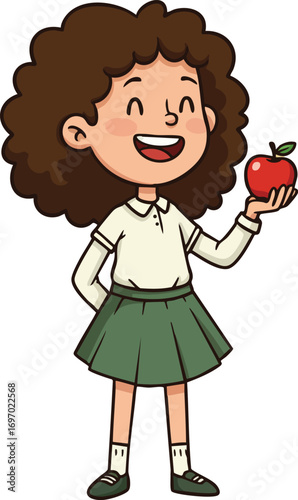 Girl with curly hair holding red apple smiling in green skirt and white shirt vector illustration for children and education concepts 
