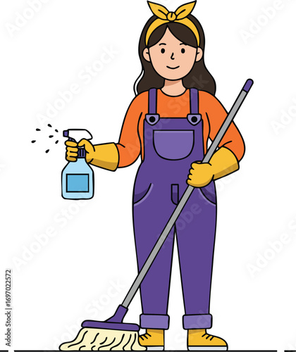 Woman cleaning with mop and spray bottle in casual outfit performing household chores vector illustration 