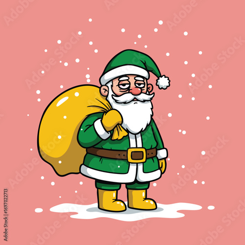 Santa Claus in green suit carrying yellow gift sack with snowy background festive Christmas character vector illustration 