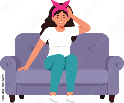 Woman sitting on purple sofa holding head with worried expression vector illustration 