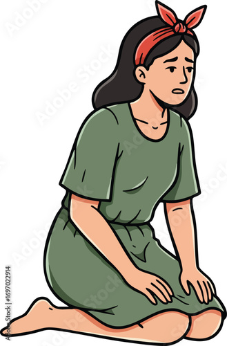 Woman in green dress sitting on knees with worried expression vector illustration 