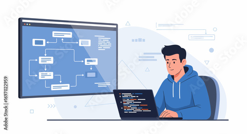 Developer Working On Software Application With Laptop And Flowchart