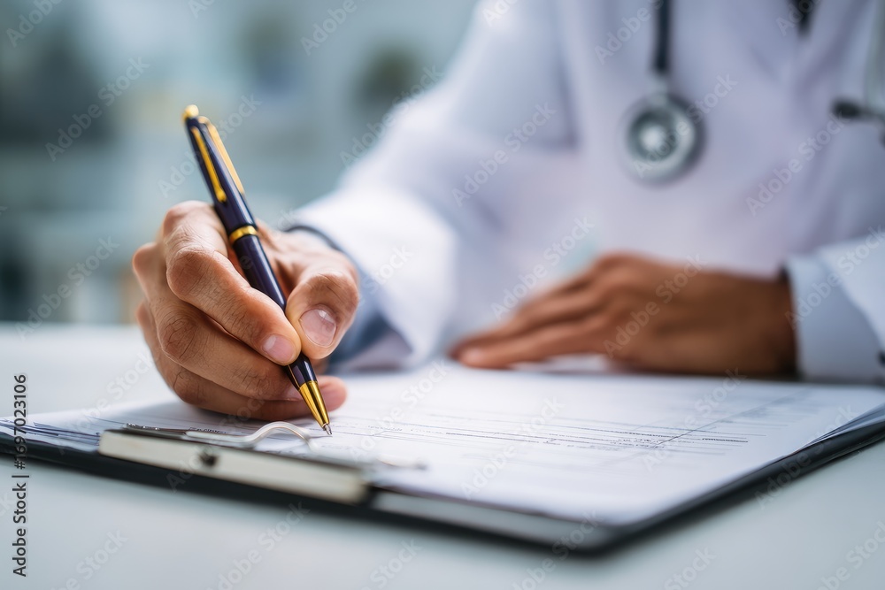 Fototapeta premium Medical professional completing patient documentation in a bright clinic setting during the day