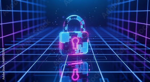 A luminous digital padlock floating in a futuristic cyberspace, illustrating the concept of advanced internet security and data encryption