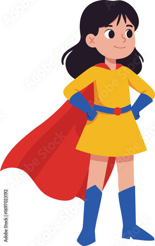 Girl superhero character in yellow dress with red cape and blue boots confident pose vector illustration 