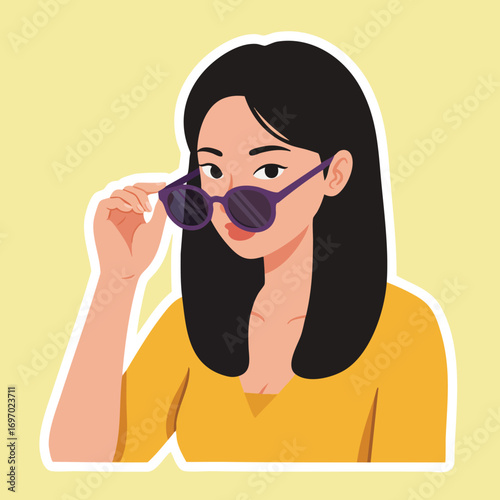 Young woman wearing purple sunglasses and yellow top stylish portrait illustration vector design 