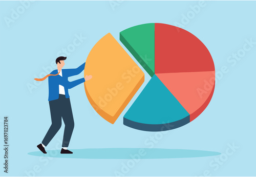 Flat illustration of businessman taking piece of colorful pie chart representing market share and revenue distribution