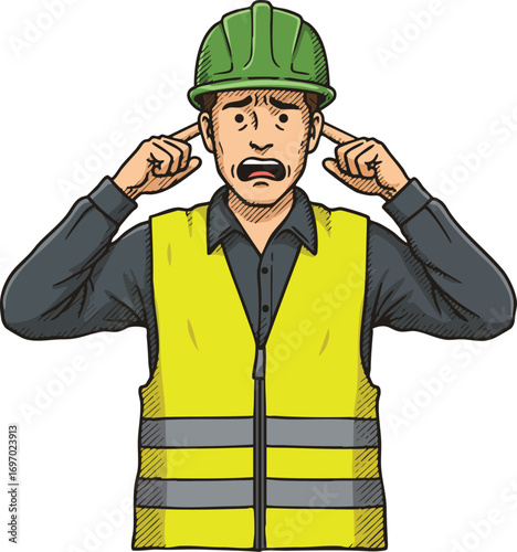 Construction worker covering ears in safety vest and helmet expressing discomfort vector illustration 