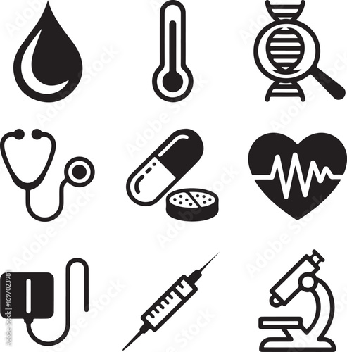 Medical icons blood drop thermometer dna stethoscope pill heart monitor syringe microscope health