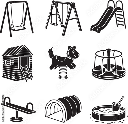 Black and white icons of playground equipment and play structures swing slide