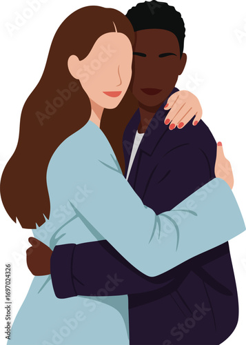 Diverse couple embracing each other in warm hug expressing affection and togetherness vector illustration 
