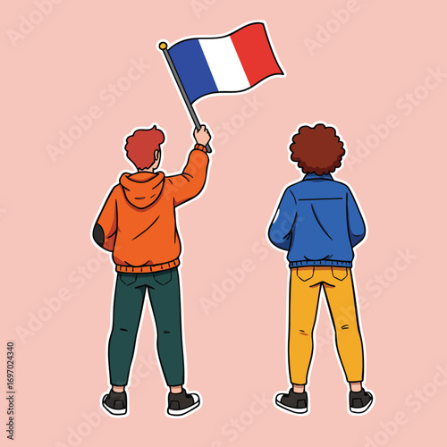 Two young boys holding French flag celebrating national pride and friendship on pink background vector illustration 