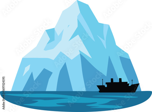 Iceberg with silhouette of ship floating in cold ocean vector illustration natural scene 