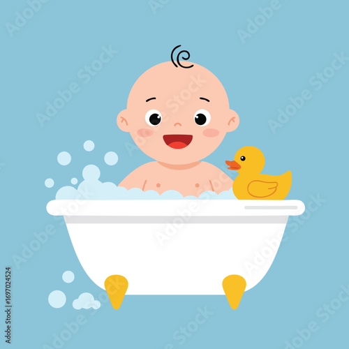 Baby in white bathtub with yellow rubber duck and blue background cheerful bath time vector illustration 