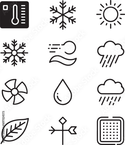 Weather icons thermometer snowflake sun rain fan leaf weathervane grid temperature