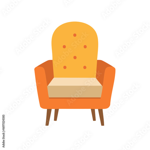 A cozy and stylish orange armchair with wooden legs, perfect for relaxing indoors