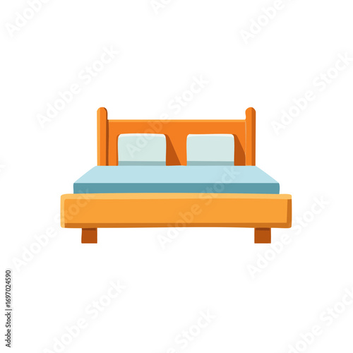 A cartoon depiction of a comfortable wooden bed with pillows and a mattress, suggesting relaxation and rest