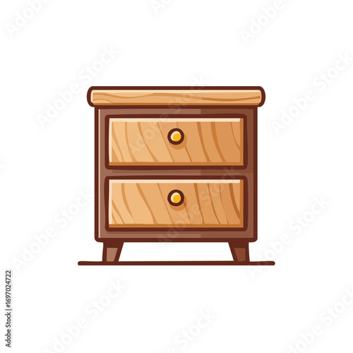A detailed illustration of a wooden nightstand with two drawers and gold knobs