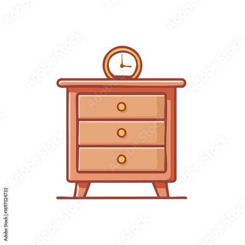 A charming nightstand adorned with a classic clock. The nightstand has three drawers, ideal for storage