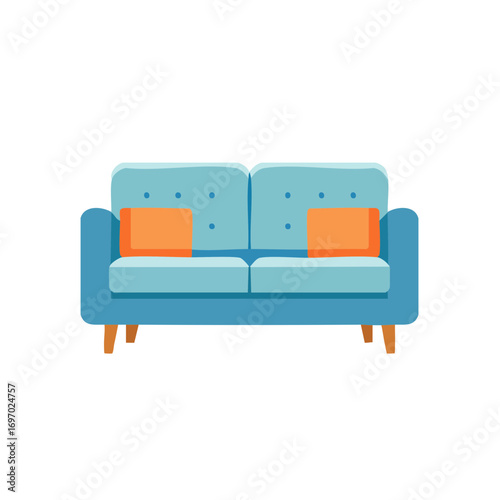 A Stylish Blue Couch with Orange Pillows