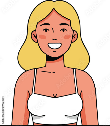 Smiling blonde woman wearing white top vector illustration with happy expression and simple style 