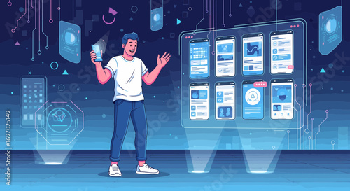 Man Showcasing Mobile App Design In Virtual Environment Technology
