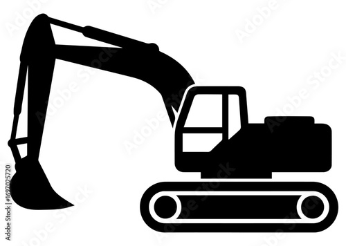Black and white illustration of an excavator icon in a minimalist style on a white isolated background. Vector graphics. EPS.