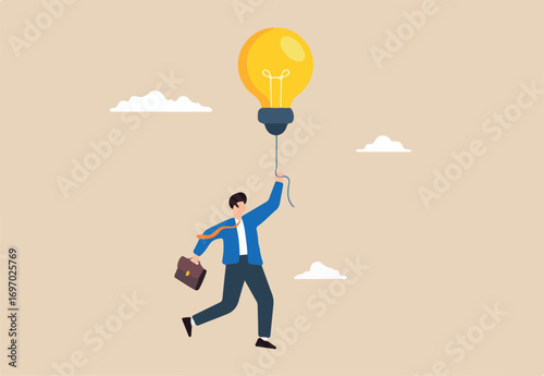 Flat illustration of businessman fly with lightbulb balloons looking telescope visionary ideas searching success finding solution