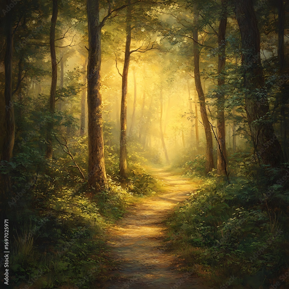 Obraz premium Mystical forest illuminated by warm light high resolution picture