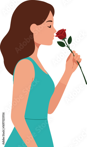 Woman with brown hair smelling red rose in teal dress side profile vector illustration 