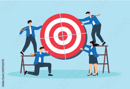 Flat illustration business people connect target bullseye together symbolizing share objective and teamwork