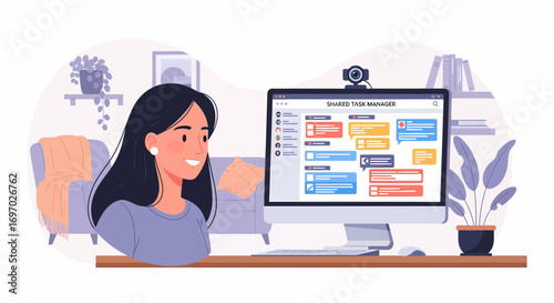 Woman Managing Tasks Digitally With Software Tool At Home Office