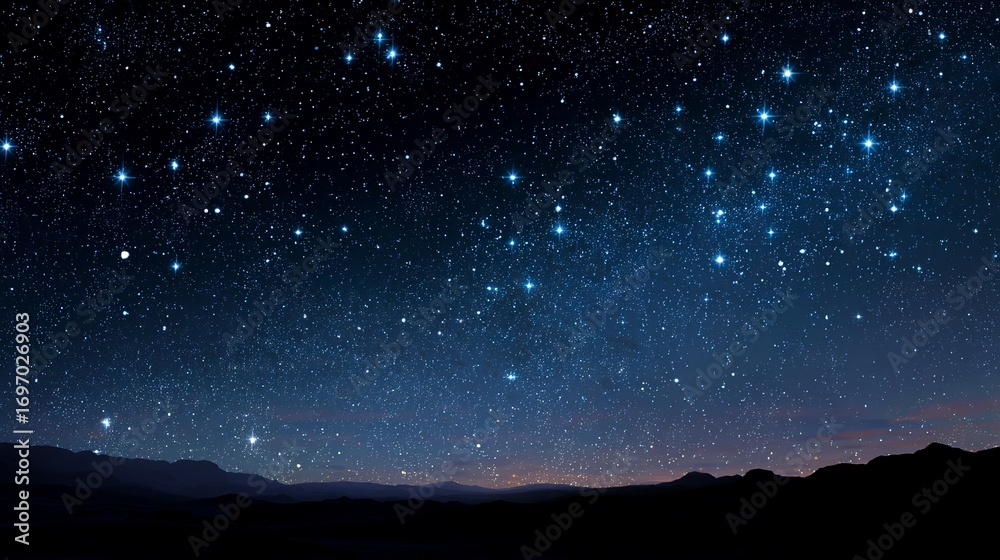 Fototapeta premium Vast expanse of a star-filled night sky illuminates distant mountain silhouette with ethereal glow, inspiring wonder and awe