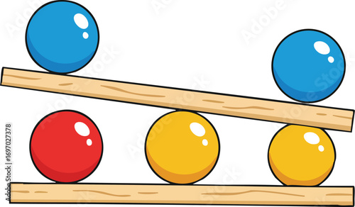 Colorful balancing balls on wooden planks illustrating equilibrium and stability in vector format 