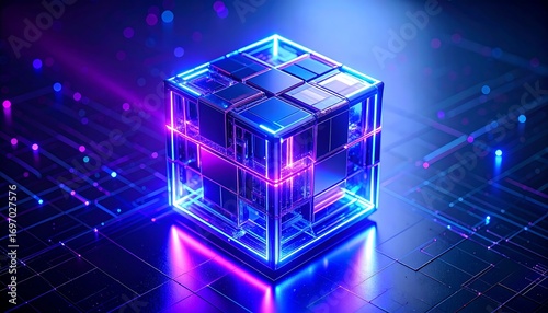 Futuristic glow cube, abstract digital technology, innovation, and modern design