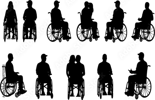 Couple in wheelchair vector silhouette set
