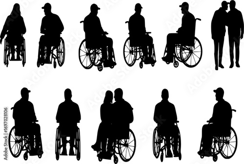 Couple in wheelchair vector silhouette set
