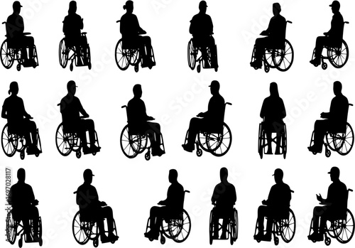 Couple in wheelchair vector silhouette set
