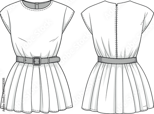 Cap sleeve dress front view, back view, fitted bodice, gathered flared skirt, waist belt, rectangular buckle, round neckline, zipper closure, garment design, vector illustration