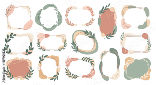 Collection of fifteen decorative frames with leaves and abstract shapes